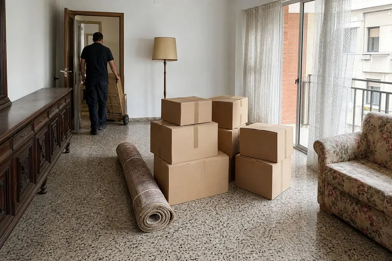 Salón de un piso antiguo con los muebles y las cajas agrupados para sacarlos