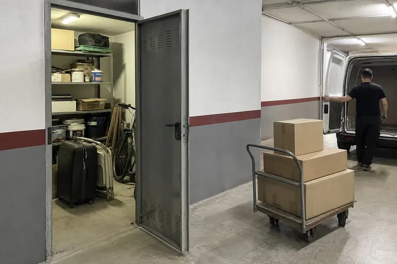 Trastero de un garaje con la puerta abierta y las cajas ya cargadas en una plataforma